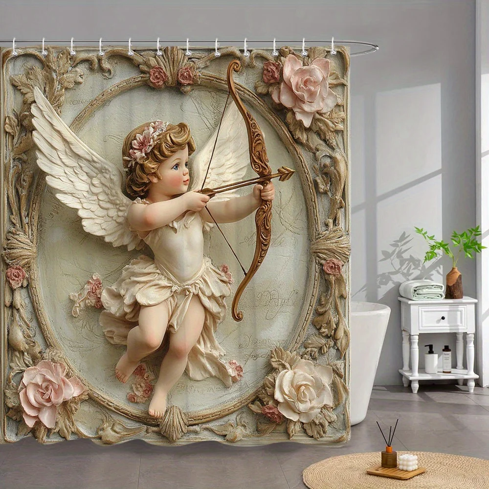 1pc Shower Curtain - Vintage Angel with Bow and Roses Design for a Romantic Bathroom Waterproof