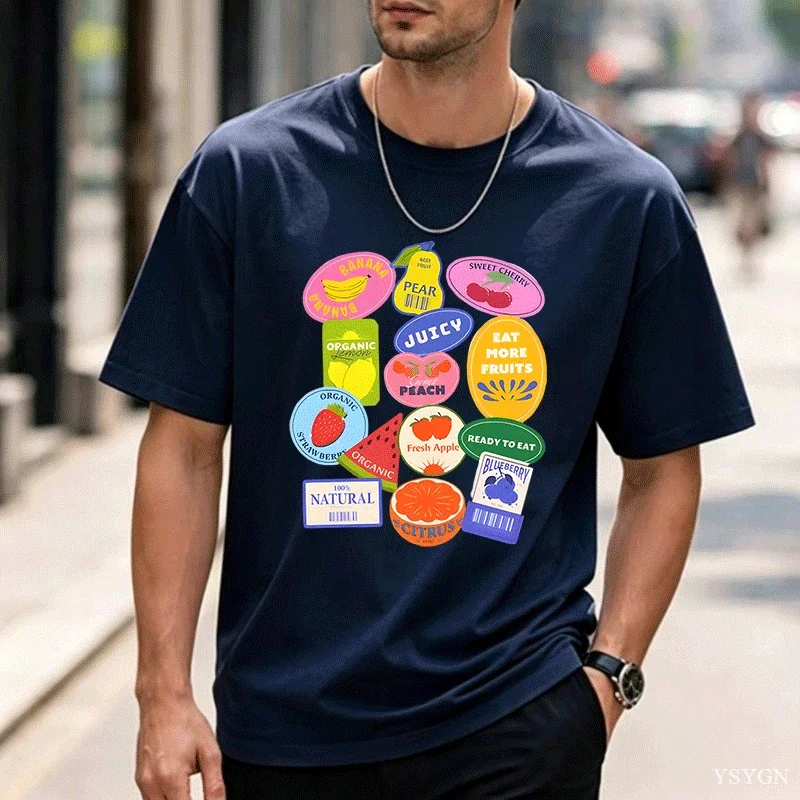 Summer Men's Fruit Stickers Graphic Print T-shirt Streetwear Oversized Loose Casual Short Sleeve Suitable for All Seasons Tops