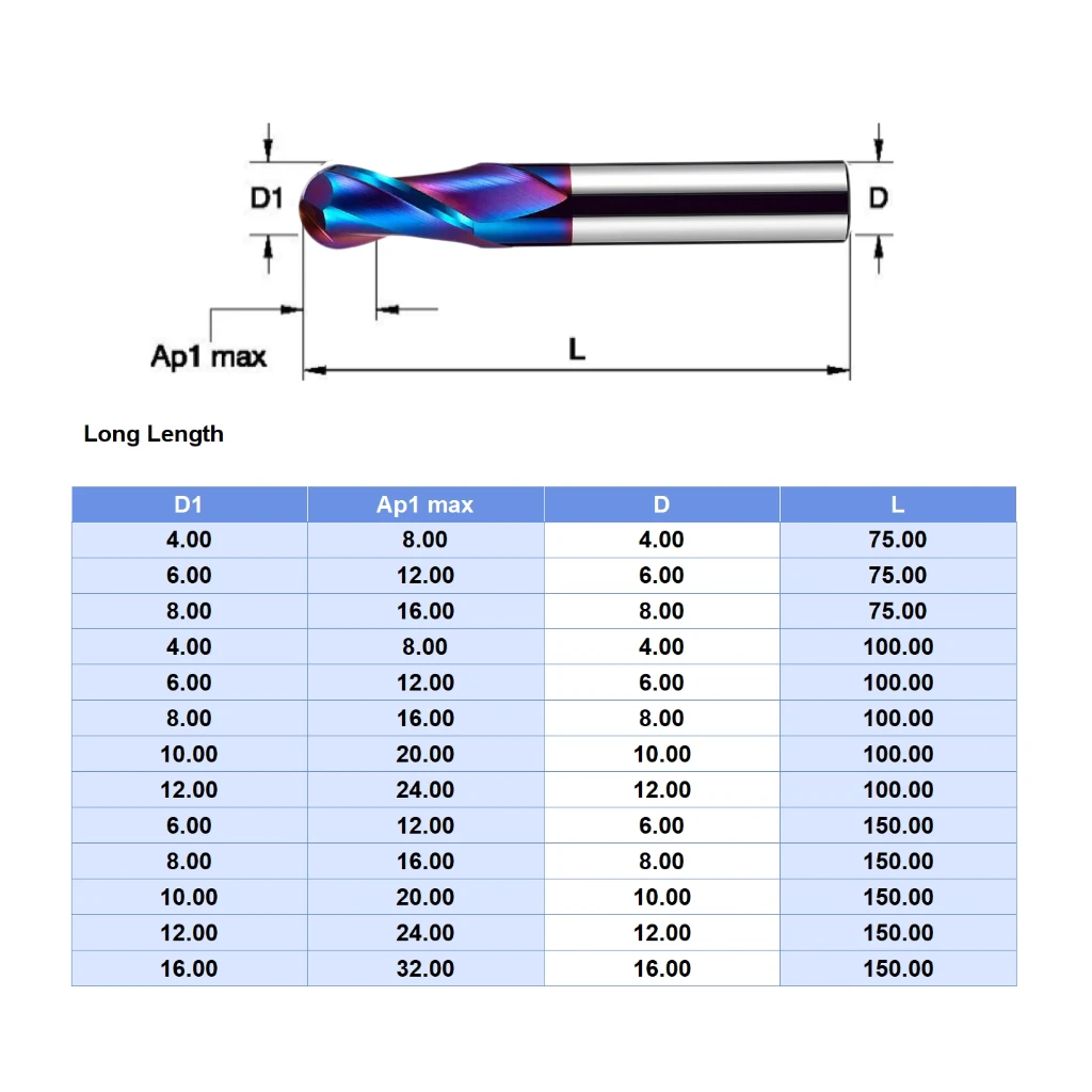 2 Flutes HRC 72 Ball Nose End Mill Super Hard Solid Carbide Milling Cutter for Quenched Steel Machining nACo Coating Long Length