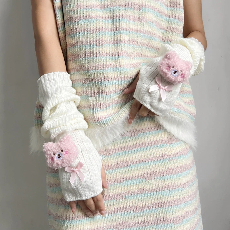 

Sweet Cute Knitted Arm Cover Student Fingerless Gloves Cuff Decor Long Hand Sleeves Lolita Princess Elbow Warm Mittens