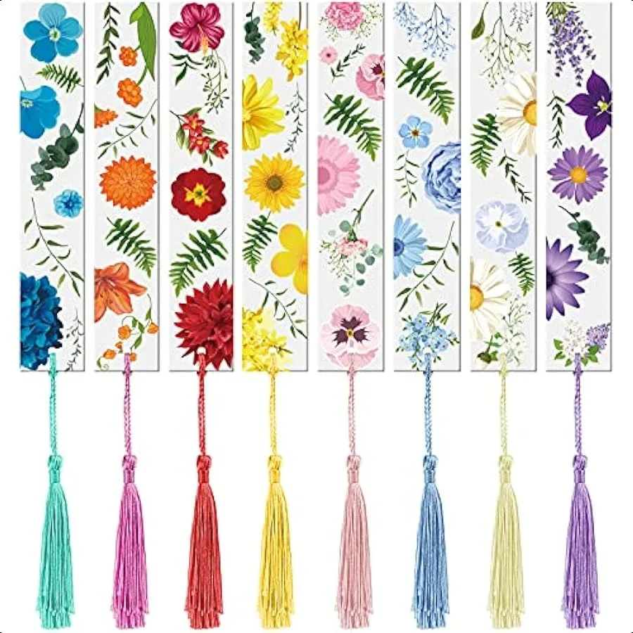 

8 Sets Flower Acrylic Bookmarks Transparent Acrylic Cute Floral Bookmarks with Colorful Tassels for Women Teacher Book Lovers 8
