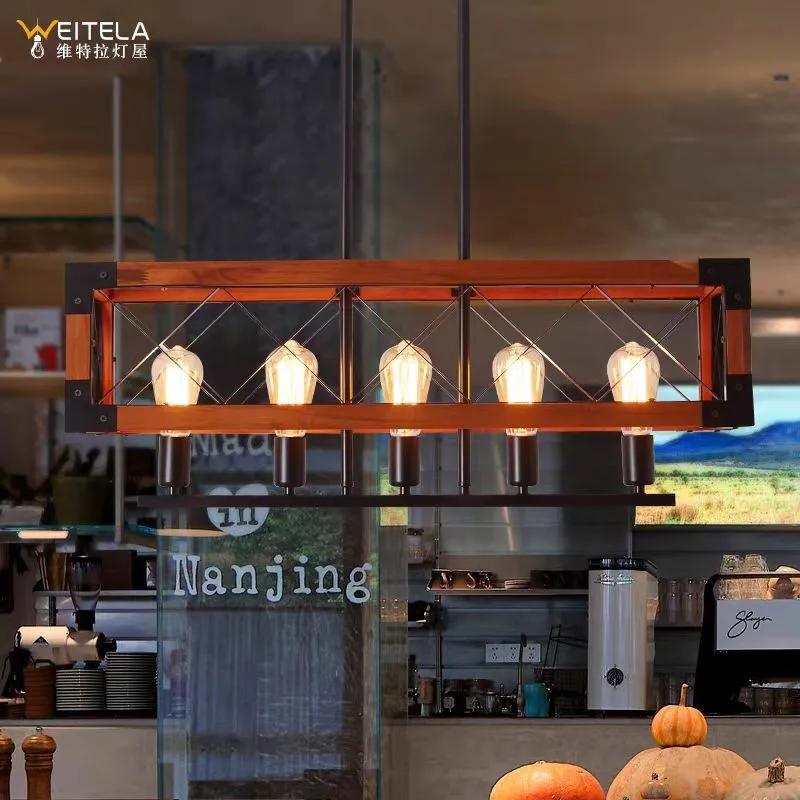 American Vintage Hotel Dining Room Living Room Chandelier Wrought Iron Solid Wood Cafe Chandelier