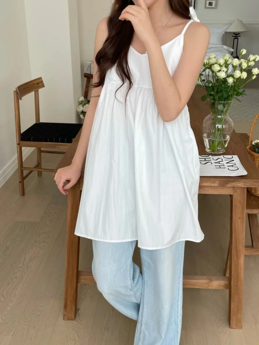 

Adjustable Strap Halter Dress Women Simple Sweet Anti-Aging Small Size Pleated Splice Short Skirt Cotton Spring Summer Dress