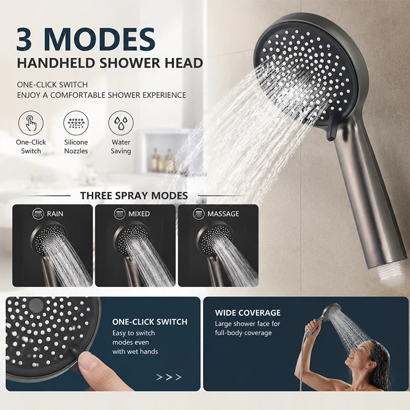 Gunmetal Grey Shower System Pressure Rainfall Top Spray 3 Mode Adjustable Handheld Showerhead Set Bathroom Wall Mount Fittings
