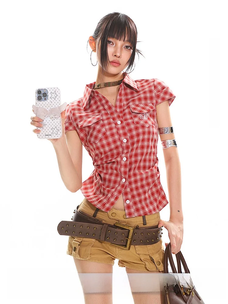 

Женская рубашка UNCMHISEX в стиле ретро с коротким рукавом в клетку, приталенный топ для повседневной носки, универсальный, в студенческом стиле, с эффектом утяжки талии, облегающий крой