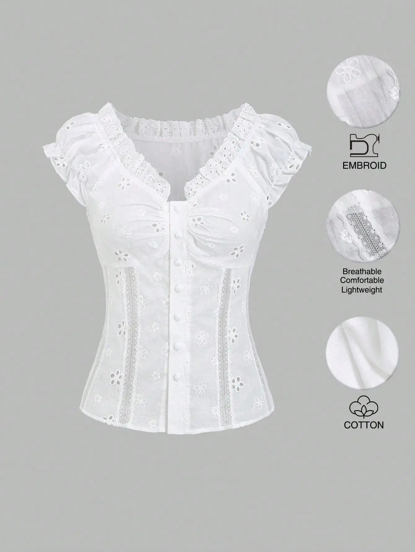 

Women's White Floral Embroidered Ruffle Blouse With Puff Sleeves And Buttons