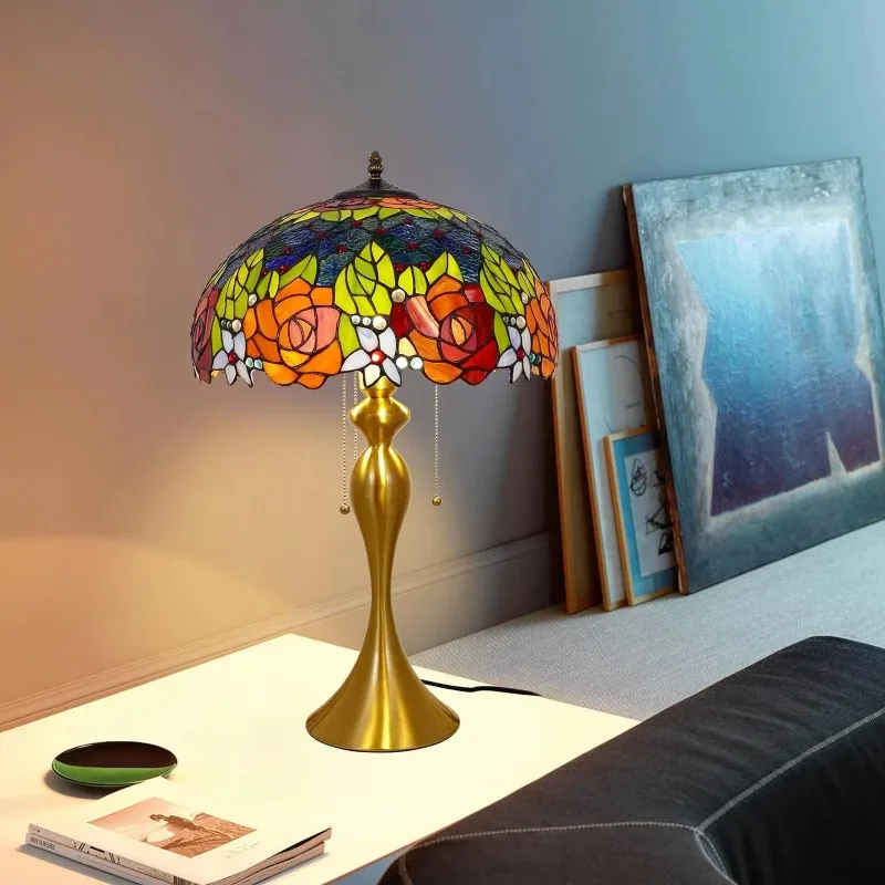 Jingguang Pavilion beautiful two-color rose pattern glass table lamp desk bedroom living room reading lamp