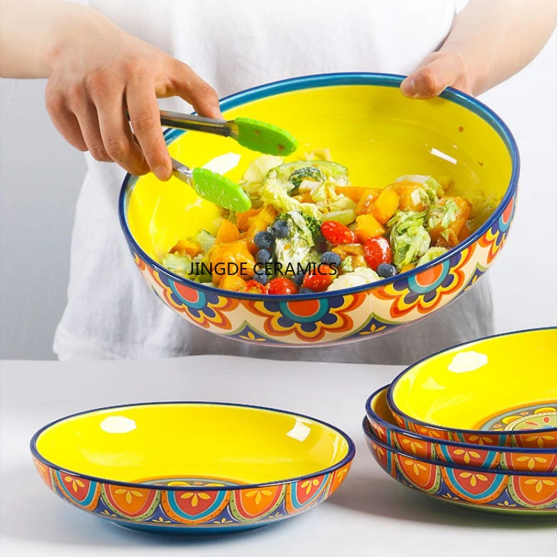 1pc Ceramic Household Circular Soup Plate, Ceramic Underglaze Color Salad Plate, Restaurant Circular Plates, Dessert/Fruit Dish