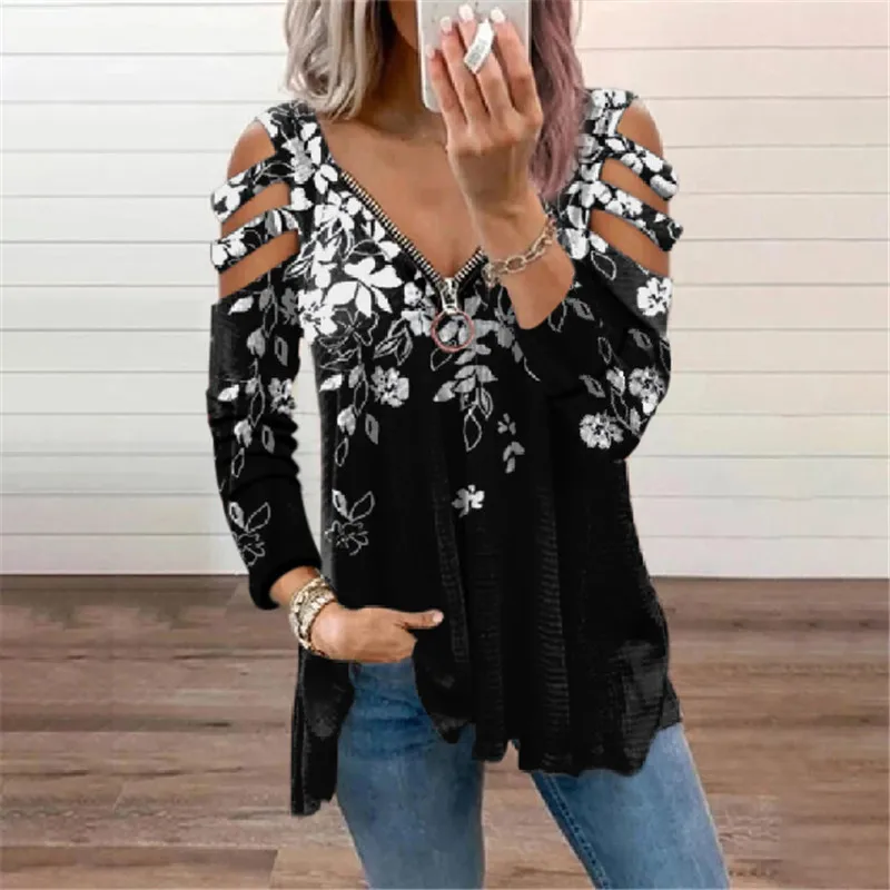 Autumn and Winter Womens Floral Zipper Cold Shoulder T-shirt Ladies Long Sleeve Blouse Tunic Tops High Quality Clothing 2023