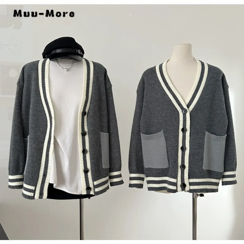 2023 Autumn Winter Knitting Long Sleeve Casual V-Neck Cardigans Women Patchwork Pockets Single Breasted Ladies Sweater Top