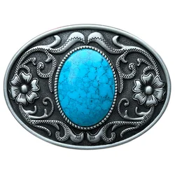 Cheapify Dropshipping Oval Turquoise Stone Men Belt Buckle Western Cowboy American Original Fashion Floral Carving Design