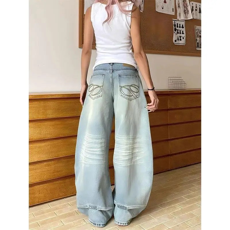 

Джинсы из американской вышивки в стиле ретро, женские свободные утягивающие широкие брюки, осенние новые брюки небольшого размера, дизайн