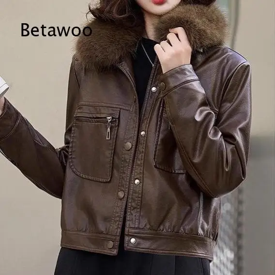 Women Short Lapel PU Leather Jacket Faux Fur Collar Fleece Lined Thickened Warm Outerwear Button Closure Fashion Coat For Autum