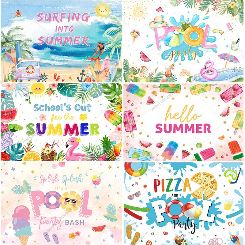 

Летний фон для вечеринки у бассейна, мороженое, детский день рождения, фотофон