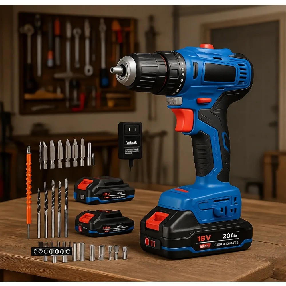 

Cordless Drill Kit 18V Brushless Impact Driver with Battery Charger Variable Speed Keyless Chuck Bits for Drilling Screws