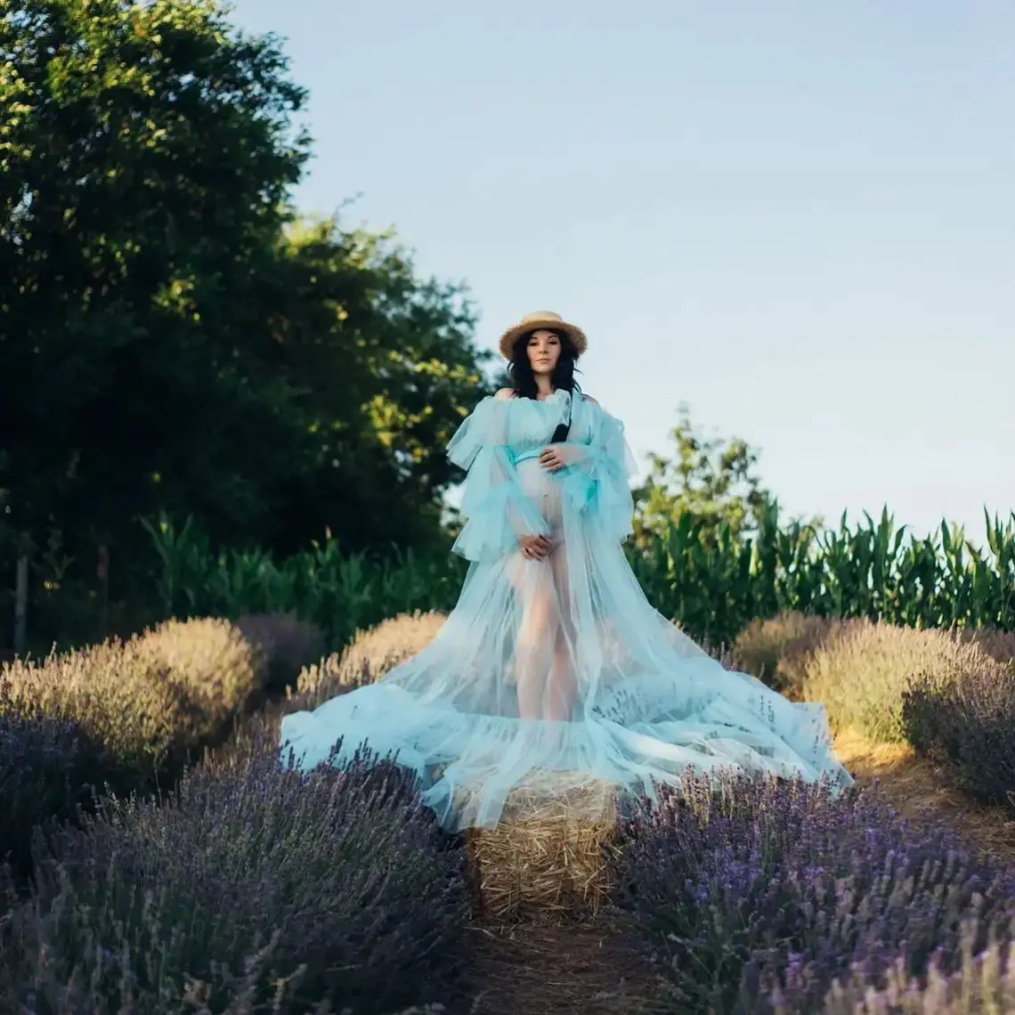 

Turquoise Sheer Tulle Maternity Dress for photo shoot Long Sleeve Tiered Ruffles Pregnancy Robe Babyshower Party Gown