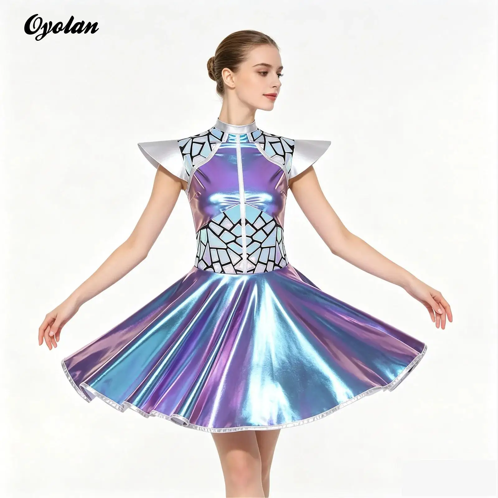 Damen Astronaut Alien Weltraum Roboter Cosplay Kleid Halloween Niedliches Kostüm Pailletten Metallic Glänzendes A-Linien Minikleid