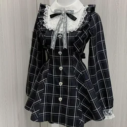 Japanese Style Gothic Y2k Lolita Bow Dress Women Sweet Plaid Rhinestone Bow Bandage Shirt Party Dresses JK Uniform Mini Dresses