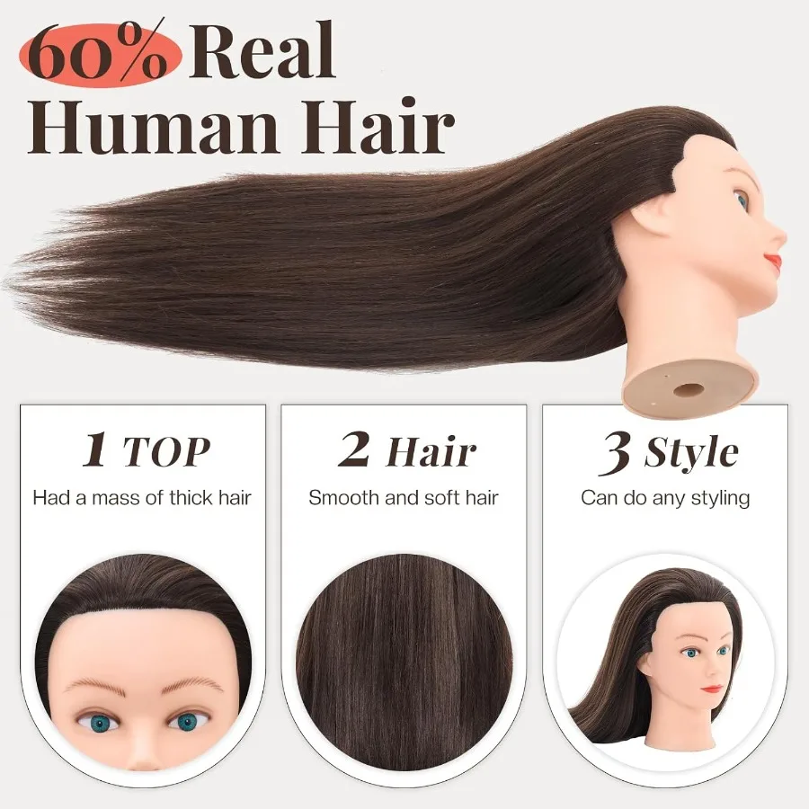 رأس عارضة أزياء للشعر الحقيقي مقاس 28 بوصة 60 لتدريب التجميل وممارسة التصميم مثالية لتقنية تجديل وتجعيد الشعر والقطع