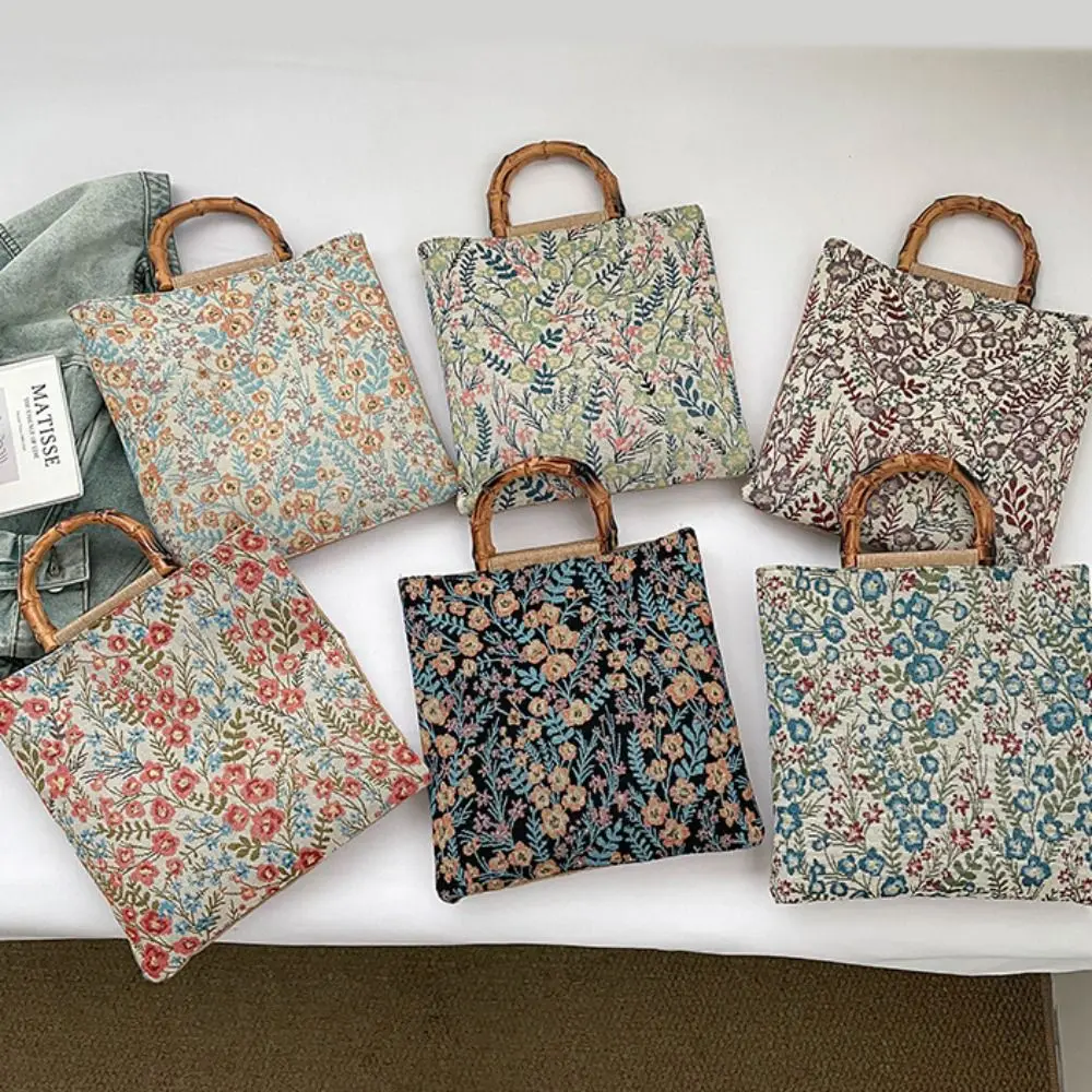 Fashion Cloth Jacquard Tote Bag Flower Chinese Style Print Canvas Handbag Large Capacity Bamboo Joint Hanfu Underarm Bag Lady