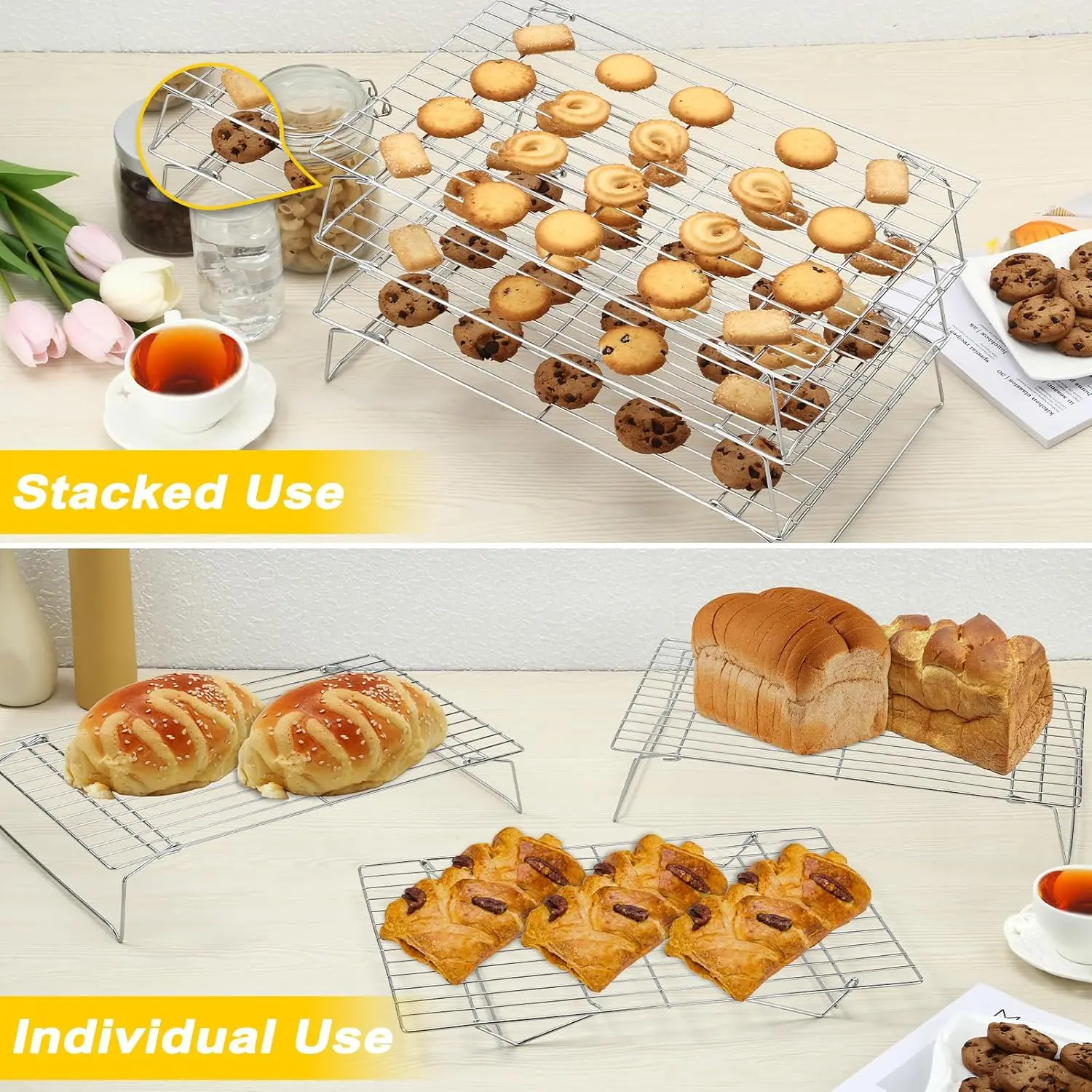 3-Tier Stackable Cooling Racks, Stainless Steel Baking Rack Set for Oven and Dishwasher Safe