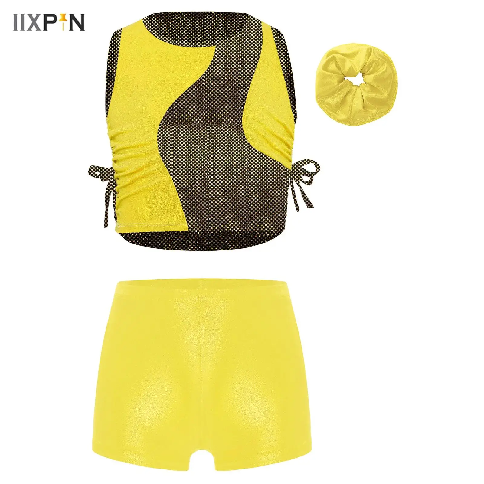 

Kids Girls Jazz Dance Outfit Shiny Metallic Sleeveless Crop Top Vest Tank Top+Shorts+Hairband Ballet Gymnastic Workout Yoga Sets