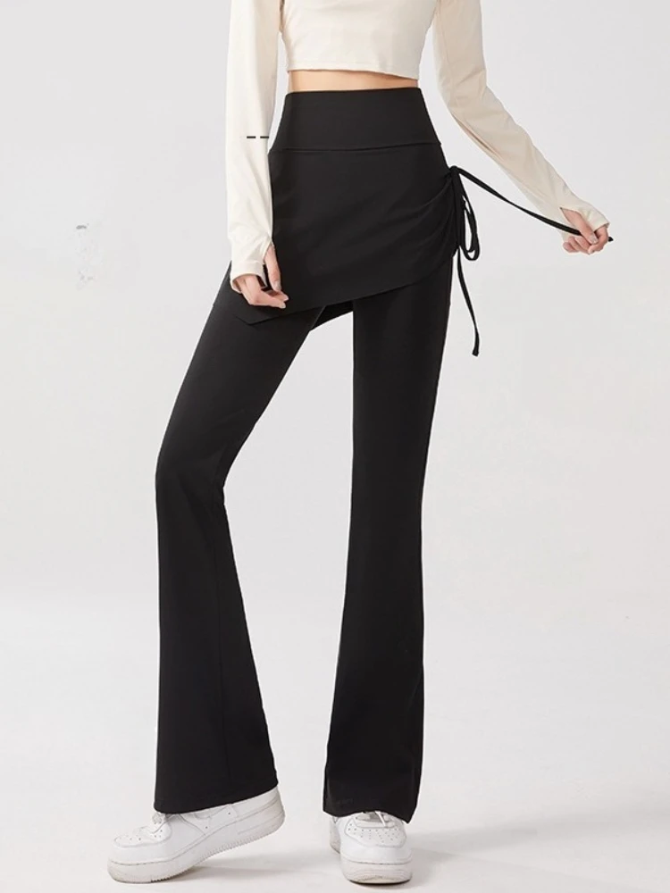 Slim Fit Skirt Pants Slightly Flared Pants Women's Stretch Slimming Fake Two-piece Drawstring High Waist Yoga Casual Leggings