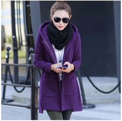 2022 Autumn Winter Women\'s Fleece Jacket Coats Female Long Hooded Coats Outerwear Warm Thick Female Red Slim Fit Hoodies Jackets