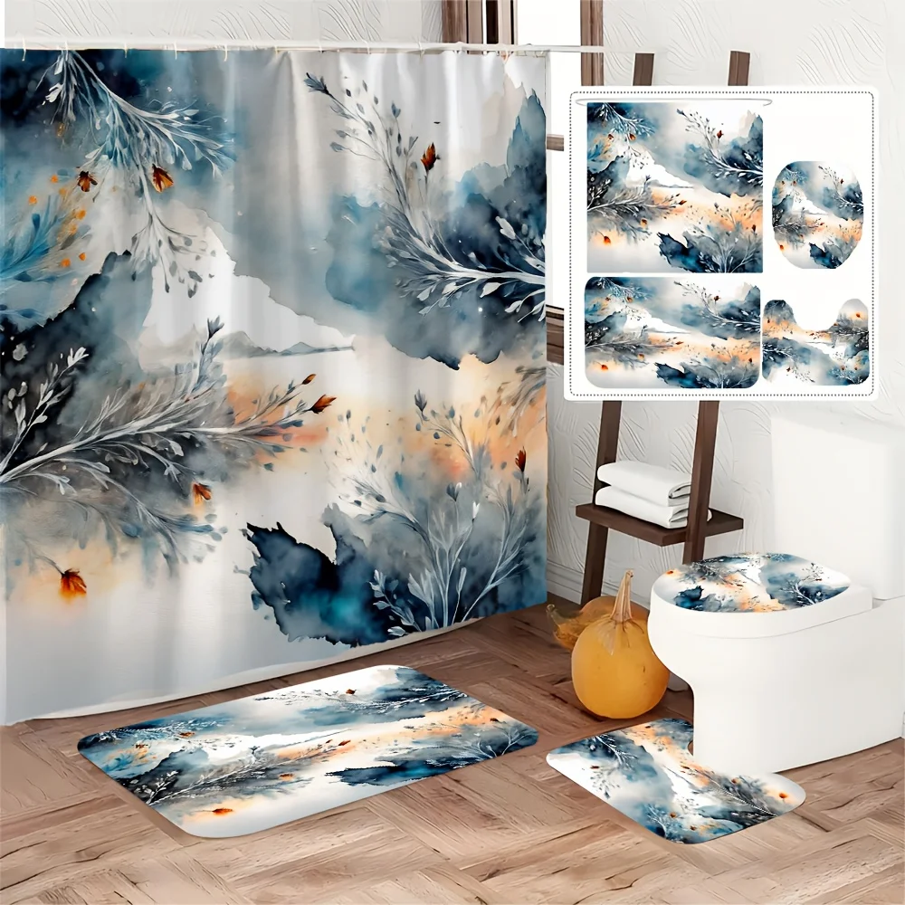 

4pc Abstract watercolor landscape shower curtain set, including shower curtain, hooks, bathroom mat, U-shaped mat and toilet mat