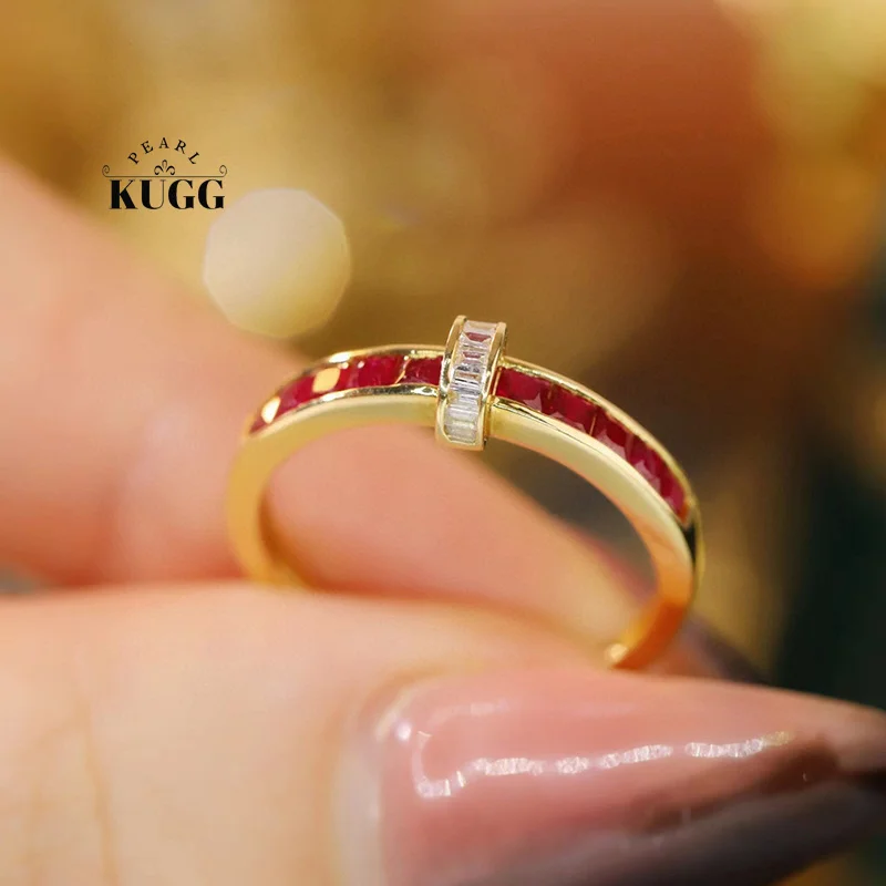 KUGG 100% 18K Yellow Gold Rings Fashion Simple Style Shiny Diamond Natural Ruby Engagement Ring for Women High Wedding Jewelry