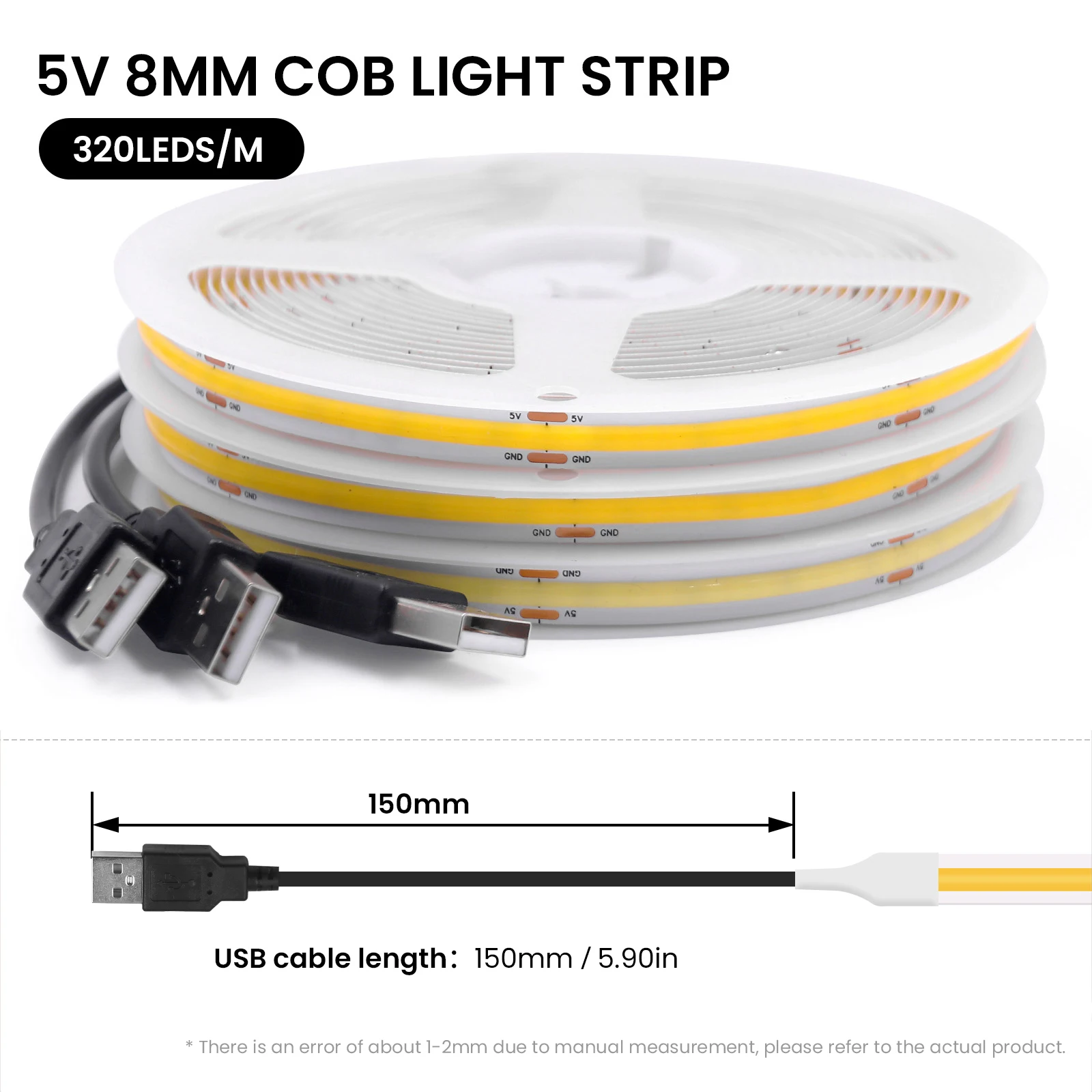 Imagem -06 - Usb Cob Led Strip Lights para tv Backlight Corda de Fita Flexível Lâmpada da Noite Branco Azul Gelo Rosa Amarelo Rosa Vermelho Verde dc 5v 320leds m