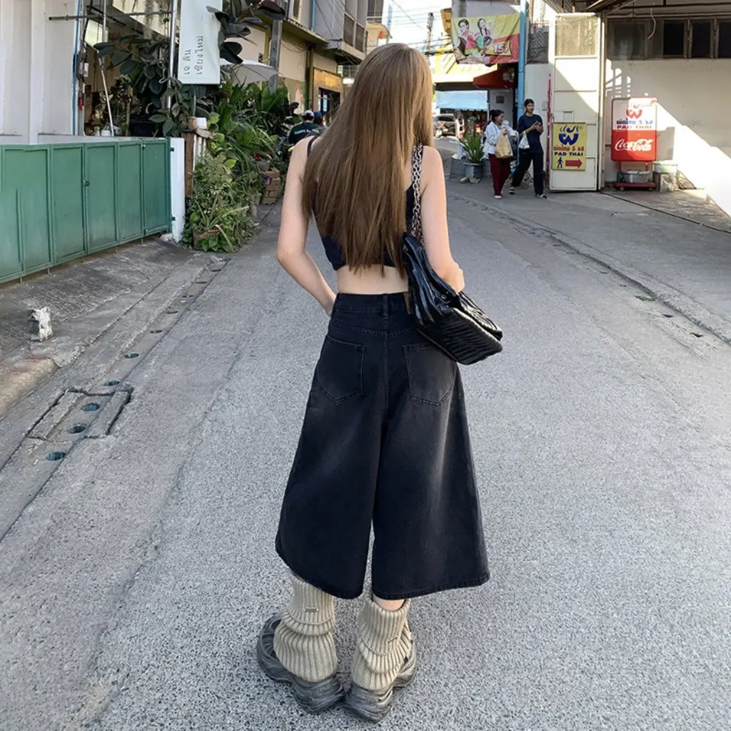 

Широкие брюки с высокой талией в стиле ретро, женские узкие прямые джинсы-капри, весенне-летняя мода, универсальные