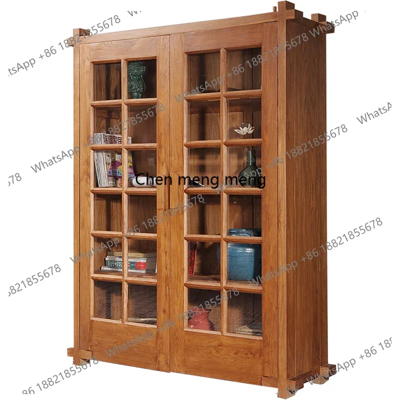 

Ancient Elm Sentiment Old Elm Wood Glass Bookcase with Doors Simple Chinese Style Solid Wood Furniture Storage Rack Cabinet