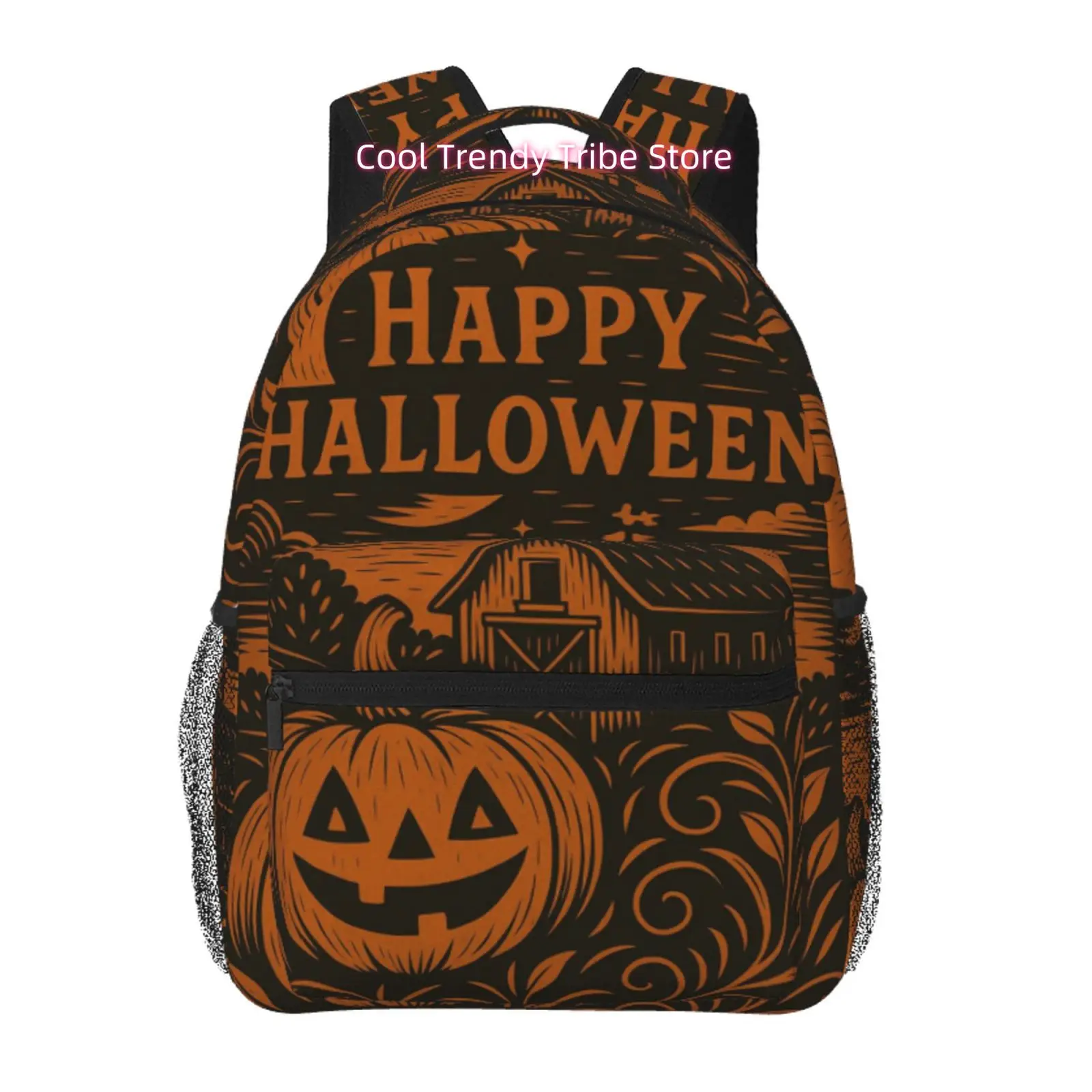 

Black Orange Woodcut Pumpkin Barn Happy Halloween Print Travel Backpack, Large Capacity with Adjustable Shoulder Straps And Mult