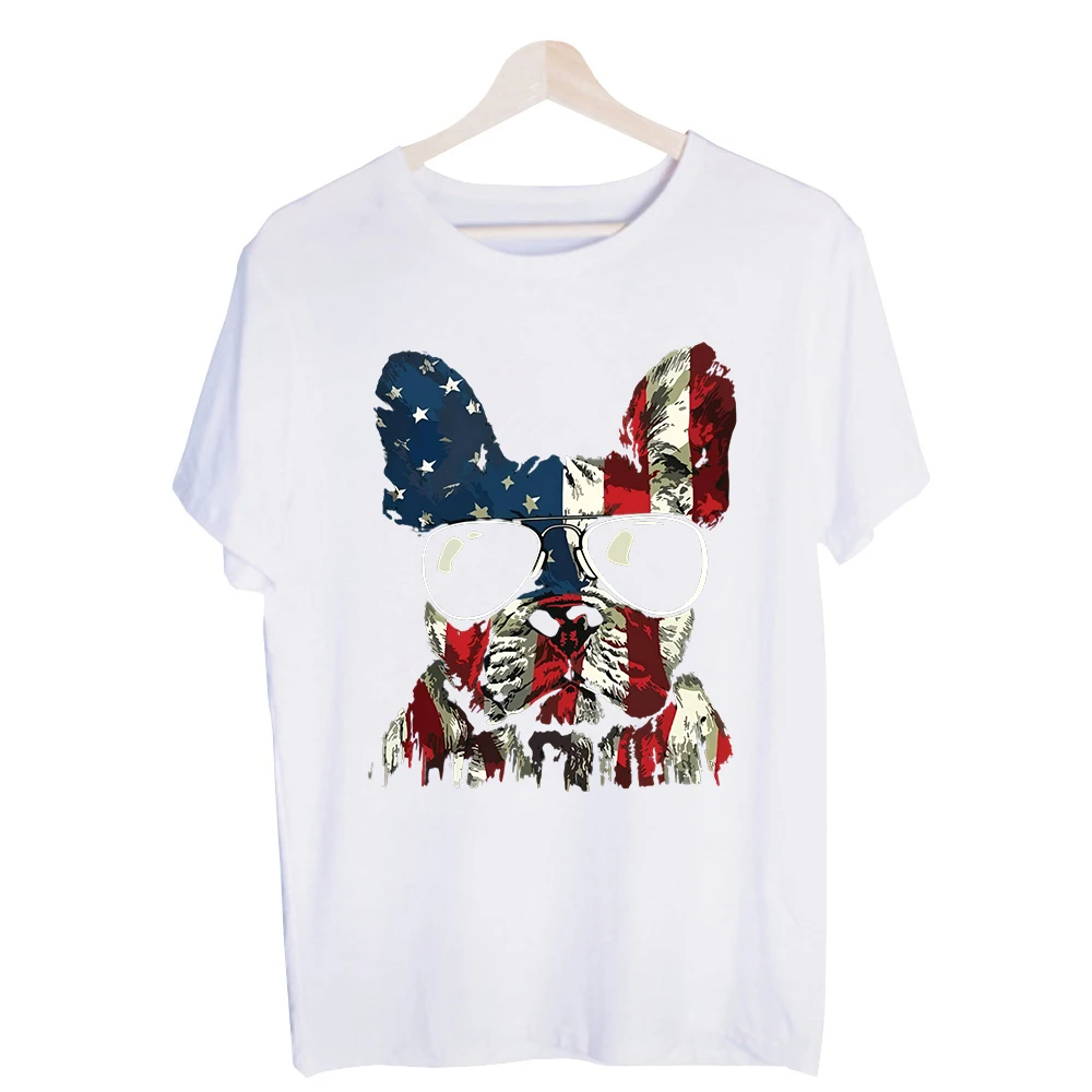 Men's Patriotic Bulldog with Sunglasses Graphic Tee, Short Sleeve Crew Neck T-Shirt for Casual Summer Outfits