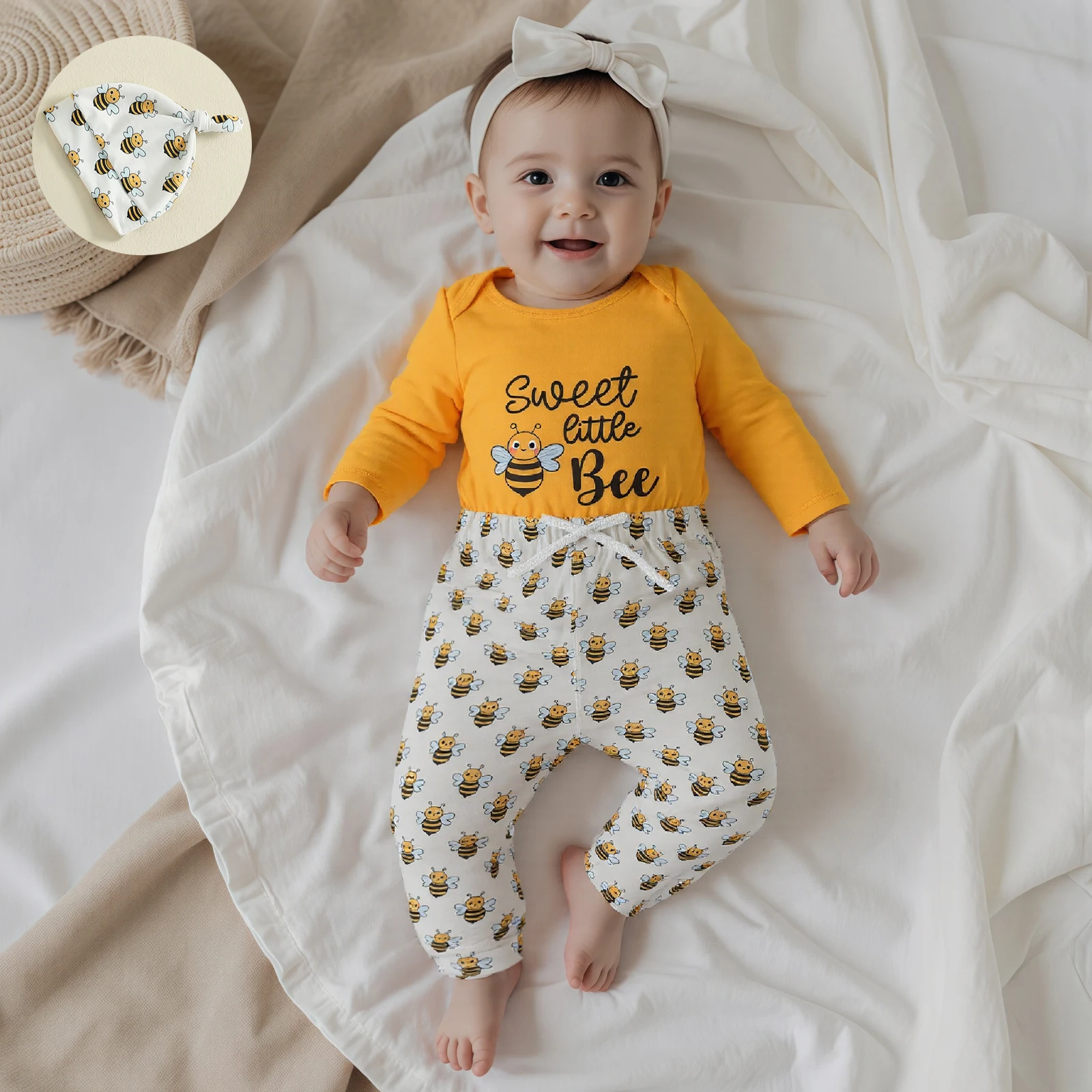 Baby Girl Boy Fall Bee Outfit Long Sleeve Romper Elastic Waist Pants Knotted Hat 3 Piece Set Baby Cute Clothing