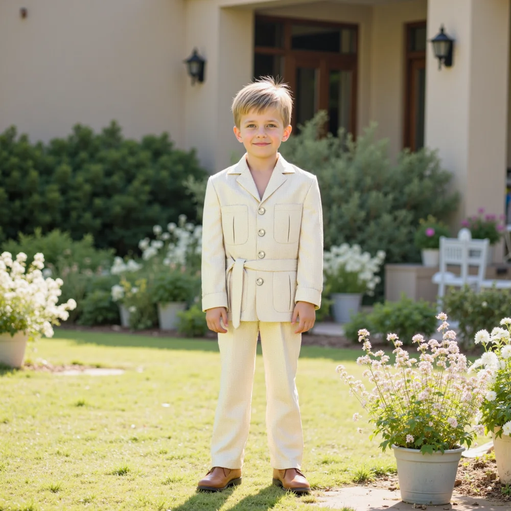 

2 Pieces Linen Suits With Belt Boy's Outfit Suits Slim Fit Single Breasted Can Be Customized（Blazer+Pants）