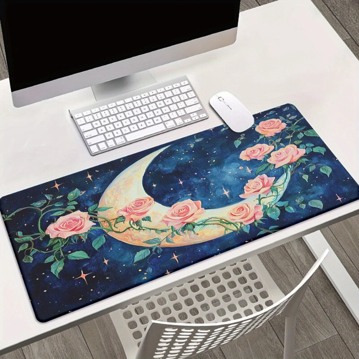 

Moon and pink rose designed night sky mouse pad with an anti-slip rubber base is durable and suitable for gamers and office use