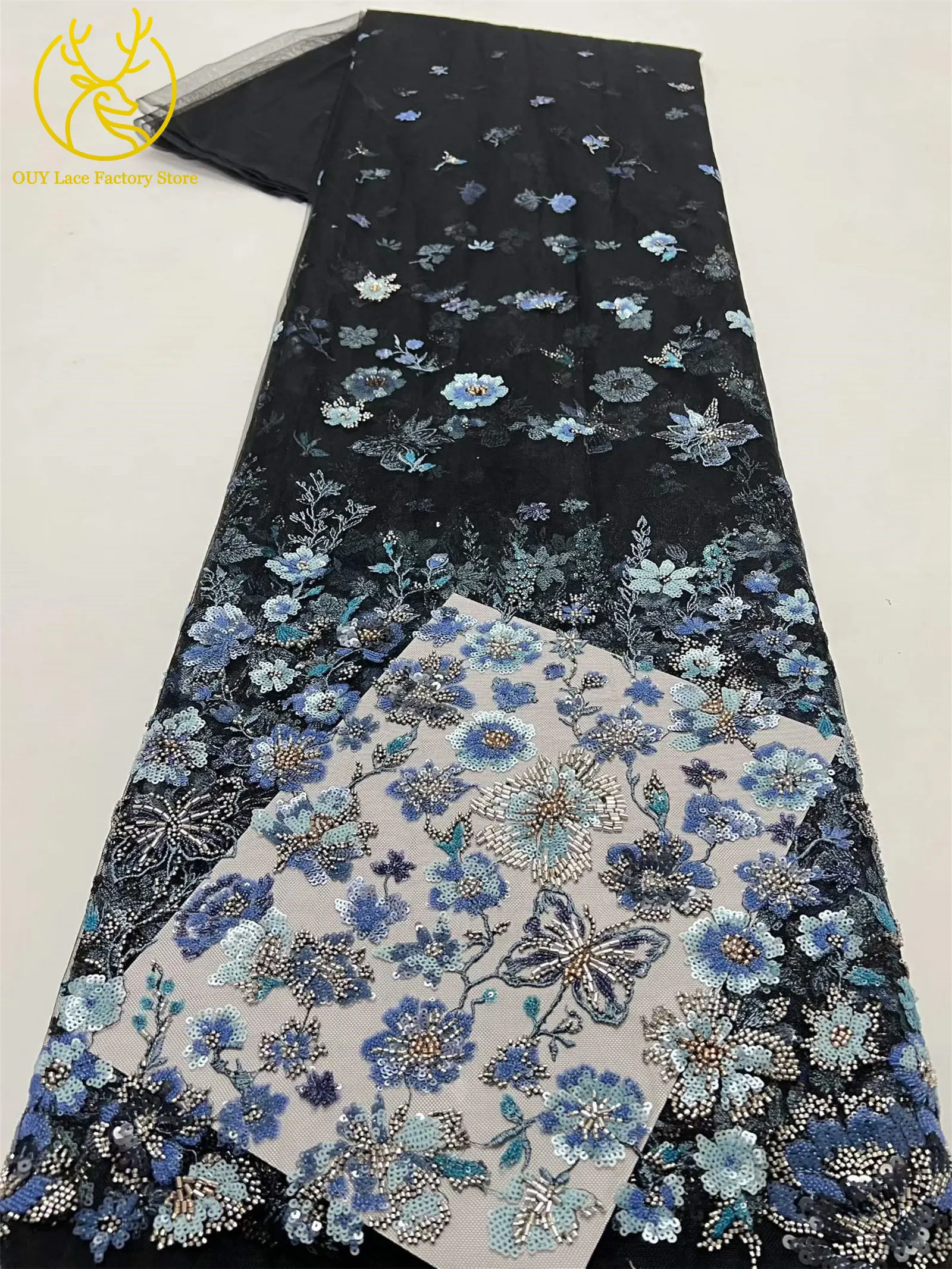 5 Yards afrikanischer handgefertigter bestickter Spitzenstoff, hochwertige französische Pailletten-Tüllspitze, nigerianisch, für Brautkleider – Detail 6