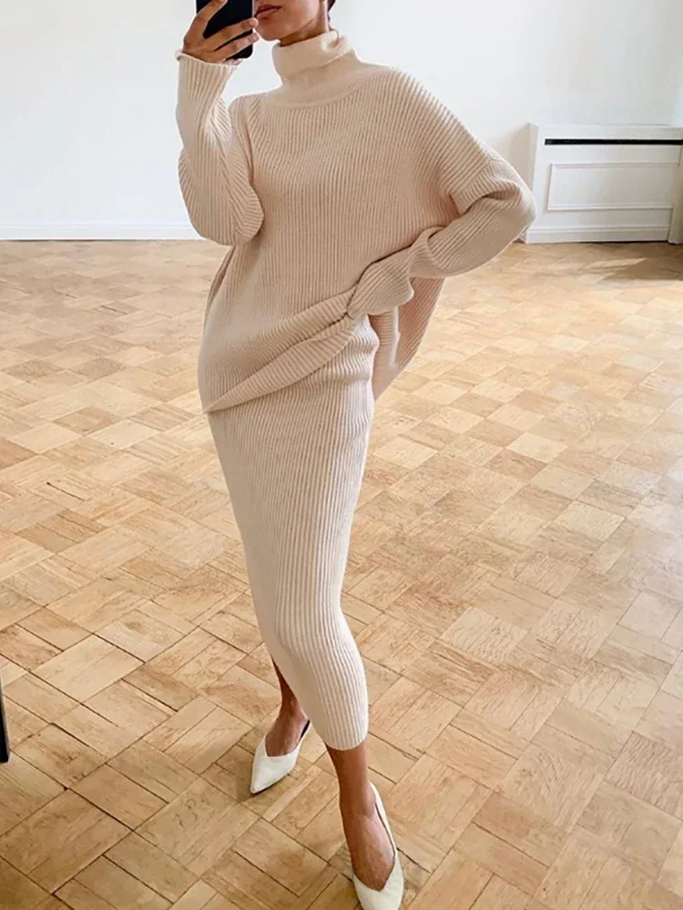 

Knitted 2 Piece Outfit Set Casual Long Sleeve Sweater Top And Pencil Long Skirts Elegant Autumn Two Piece Sweater Sets