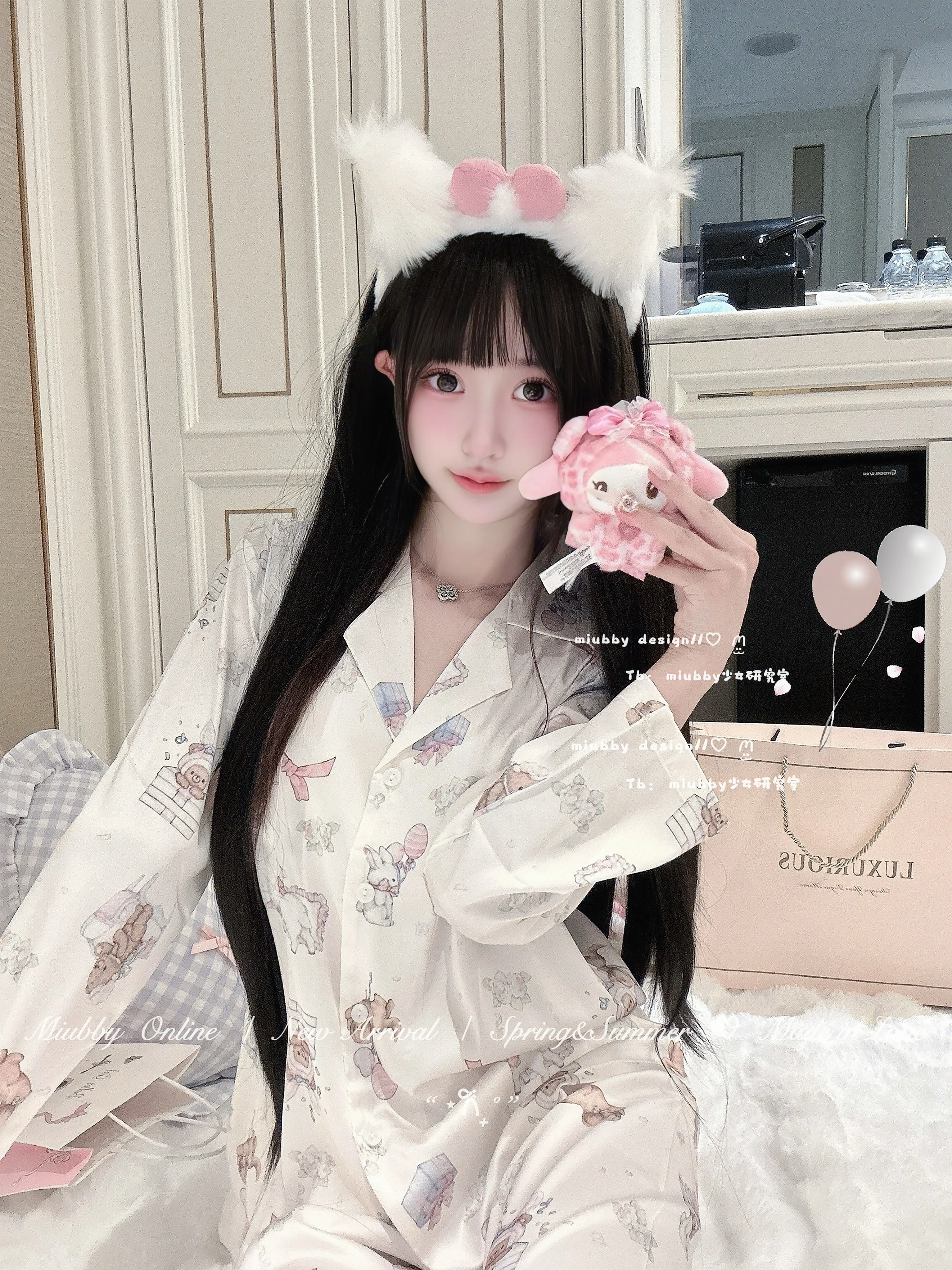 Japanese Sweet Girl Cute Cartoon Printed Ice Silk Long-sleeved Pajamas Lapel Casual Comfortable Cool Breathable Loungewear Set