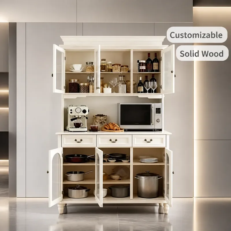 American Solid Wood Dining Side Cabinet Wall Mounted Multi Functional Cupboard Light Luxury Wine Tea Storage Cabinet