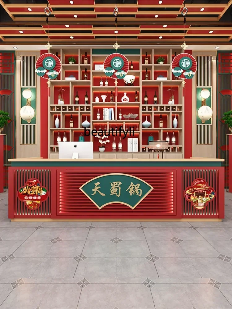 New Chinese retro hot pot restaurant checkout page Hotel front desk, tea house, health center greeting cabinet