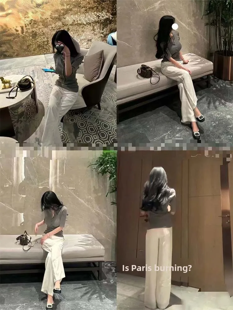

Casual Wide Leg Pants Bla White Double Color Loose Fit Wave Pattern Versatile Ele Ladies Faion l Waist Elastic