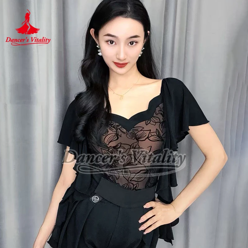 

Специально разработанная тренировочная одежда для бальных танцев с цветочным узором для женщин и взрослых, изящный топ для танго, вальса, фокстрота