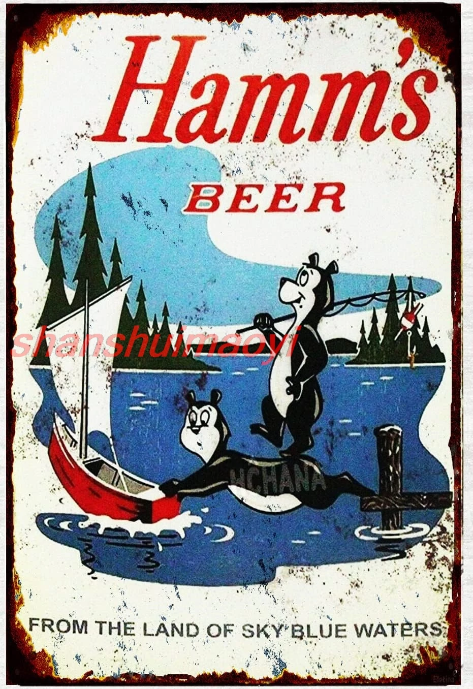 Vintage Metal Tin Sign Hamms Beer Bear Fishing Lake Boat tin Metal Sign 8x12 inches 1pc sign