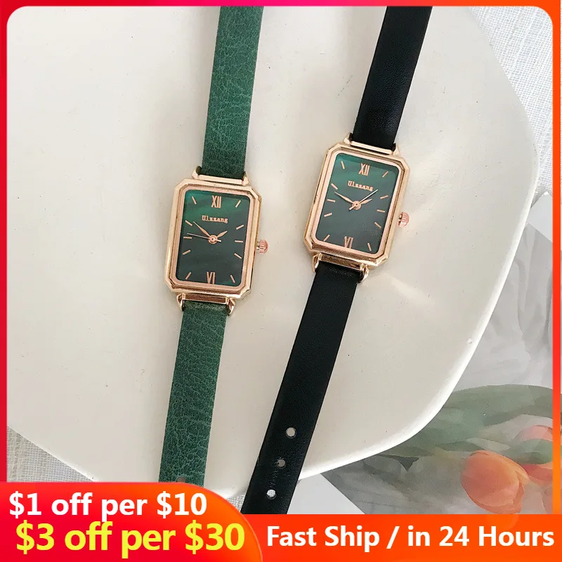 Rectangle Women Fashion Watches Elegant Ladeis Quartz Wristwatches Ulzzang Luxury Brand Black Green Female Watch Leather Clock