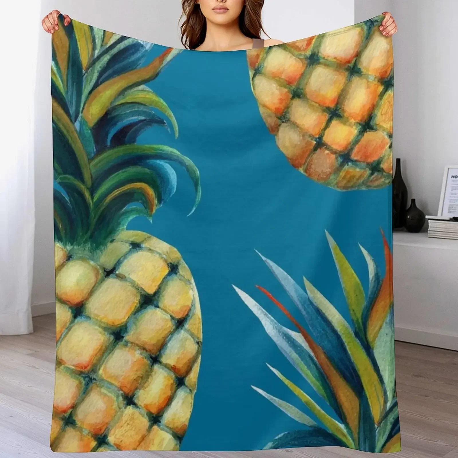 

New Pineapple watercolor - mosaic blue background Throw Blanket For Decorative Sofa Beach Fashion Sofas Blankets