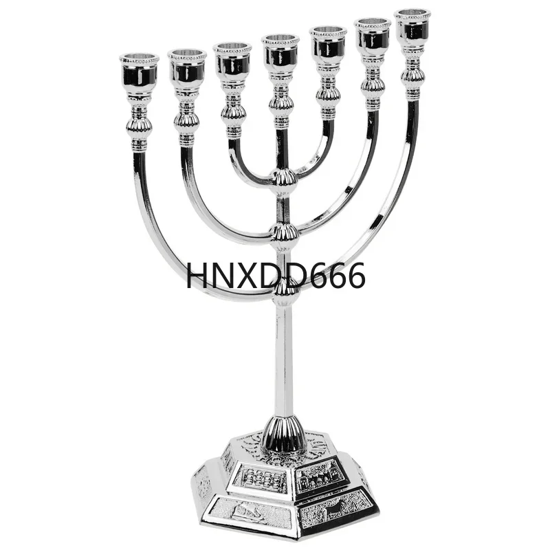 Religious Menorah Candlestick Decoration, 7-Arm Hanukkah Tealight Holder with Floral Design for Desktop Ornamentation