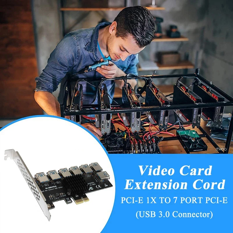 PCIE-multiplicador de Puerto PCIE de 1 a 7, adaptador PCI Express X16, elevador de tarjeta 1X a 16X para minería de vídeo BTC
